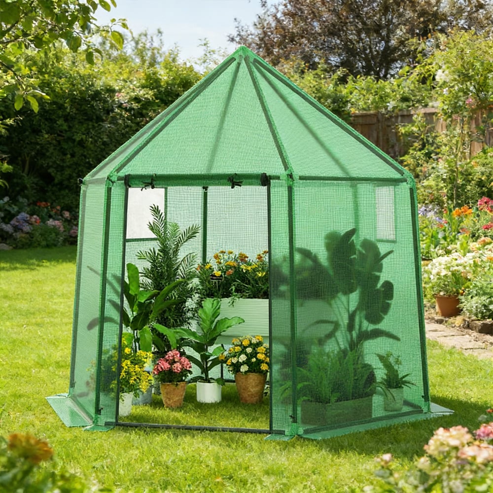 6.5 X 5.6 X 6.2 FT Mini Walk-in Greenhouse Portable Outdoor Warm House For Winter With PE Cover With 2 Double-layer Mesh Screen Windows Roll-up Zippered Door_voghion.com